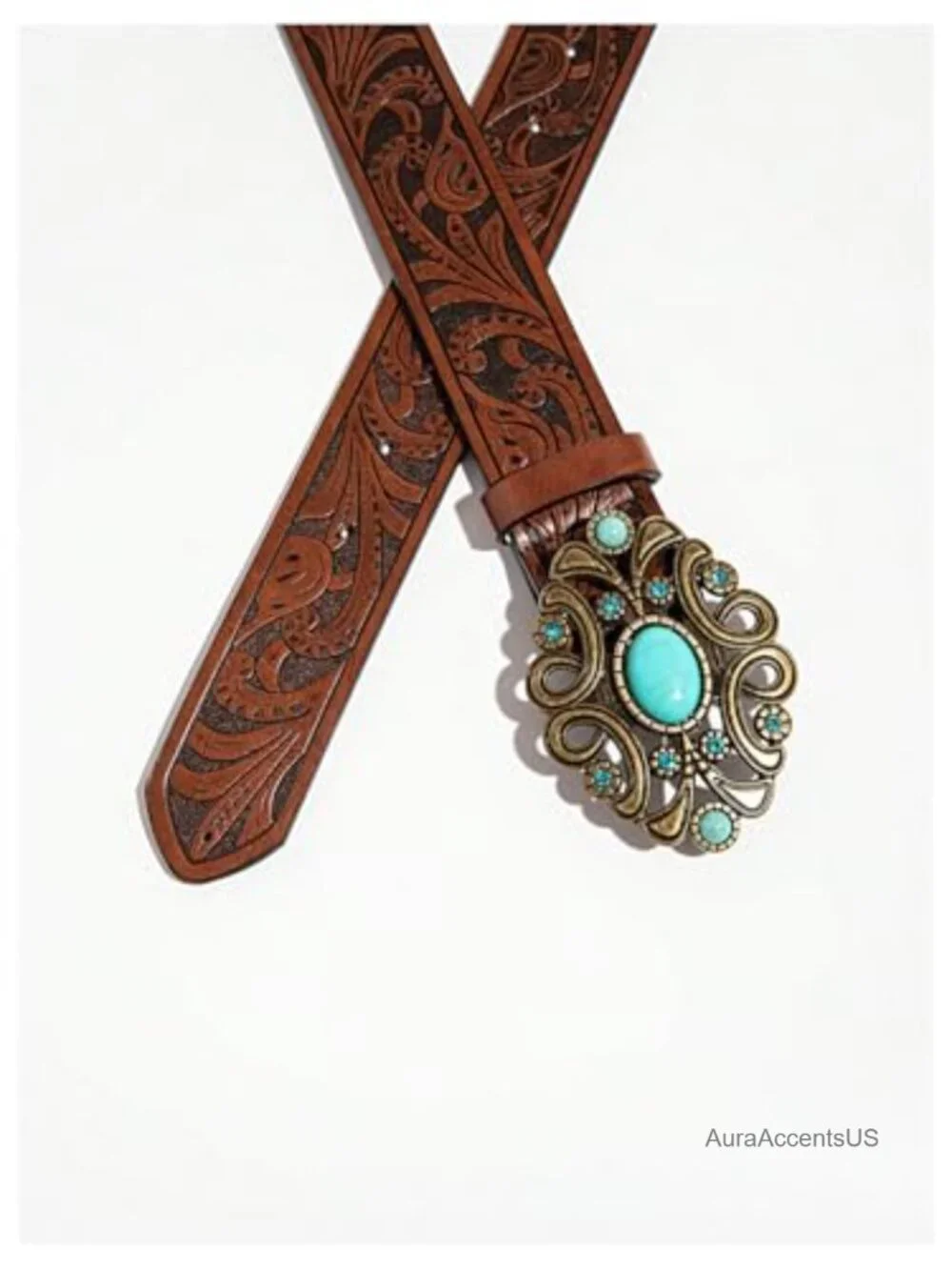 Faux Leather Embossed Western Cowgirl Belt Ornate Turquoise Buckle